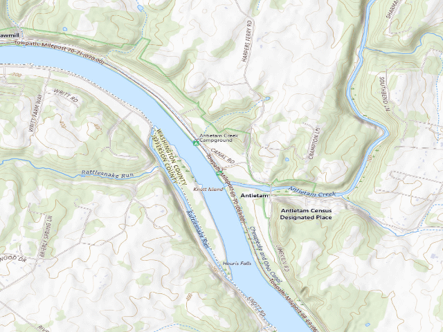 USGS topographic map of Antietam Creek Campground (C&O Canal NHP, towpath mile 69.4)