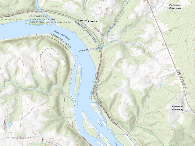 USGS topographic map of Bald Eagle Island hiker-biker campsite (C&O Canal towpath mile 50.3)