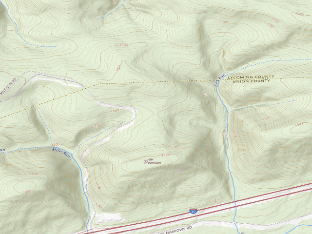 USGS topographic map of Bald Eagle State Forest roadside campsite 002 Mile Run Road