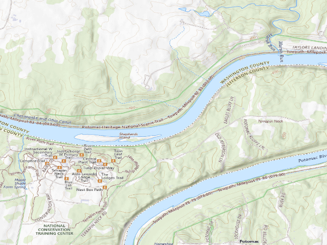 USGS topographic map of Big Woods hiker-biker campsite (C&O Canal towpath mile 82.7)
