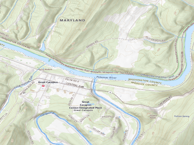 USGS topographic map of Cacapon Junction hiker-biker campsite (C&O Canal towpath mile 133.6)