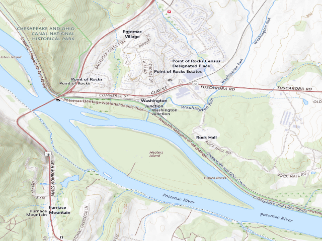 USGS topographic map of Calico Rocks hiker-biker campsite (C&O Canal towpath mile 47.6)