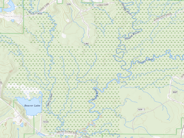 USGS topographic map of Caney Creek WMA camp site 1