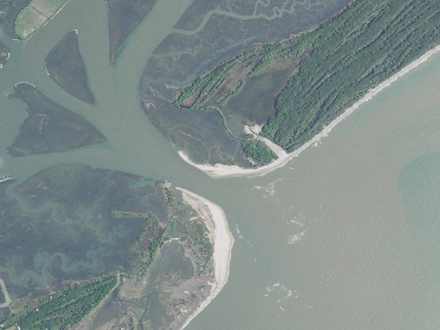 Aerial image of Capers Island Heritage Preserve primitive campsite