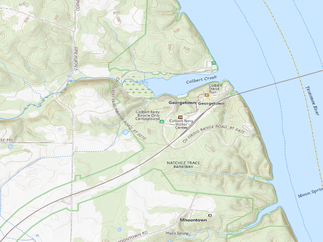 USGS topographic map of Colbert Ferry bicycle-only campground (Natchez Trace Parkway milepost 327.3)