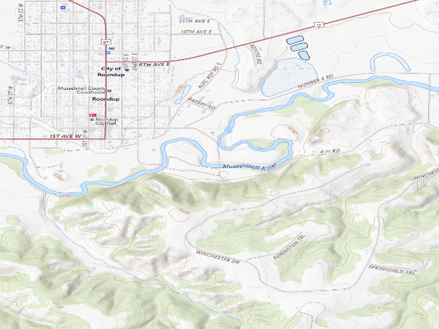 USGS topographic map of Cow Belles Corral Campground (Musselshell County Fairgrounds)