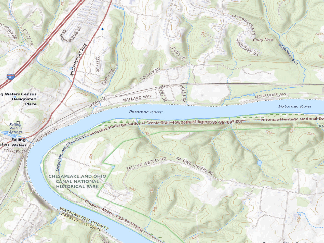 USGS topographic map of Cumberland Valley hiker-biker campsite (C&O Canal towpath mile 95.2)