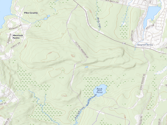 USGS topographic map of Delaware State Forest roadside campsite E015 Rock Hill