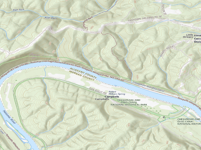 USGS topographic map of Devils Alley hiker-biker campsite (C&O Canal towpath mile 144.5)