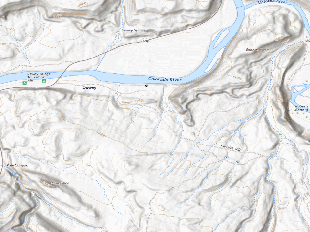 USGS topographic map of Dewey Bridge Dispersed Campground