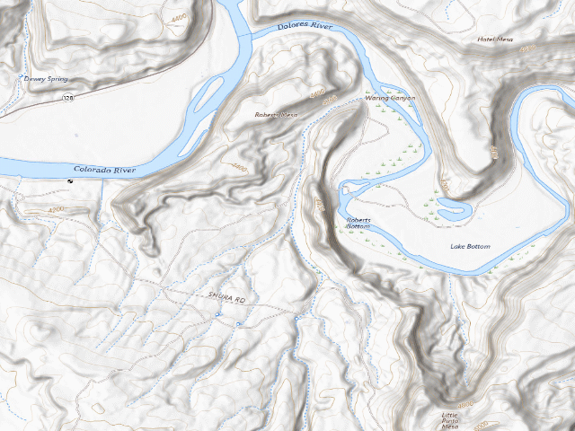 USGS topographic map of Dewey Bridge Dispersed Campground