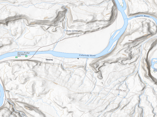 USGS topographic map of Dewey Bridge Dispersed Campground