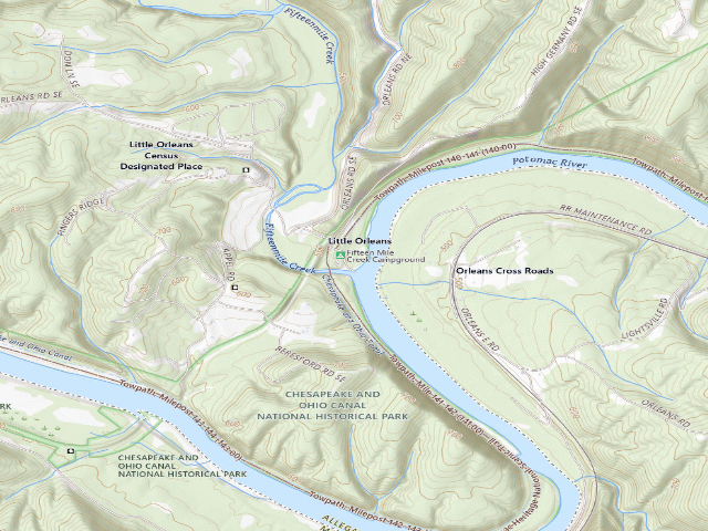 USGS topographic map of Fifteenmile Creek Campground (C&O Canal NHP, towpath mile 140.0)