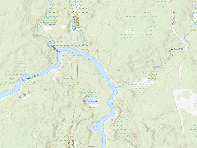 USGS topographic map of Flambeau River State Forest - Oxbo Canoe Camp (free canoe campsite)