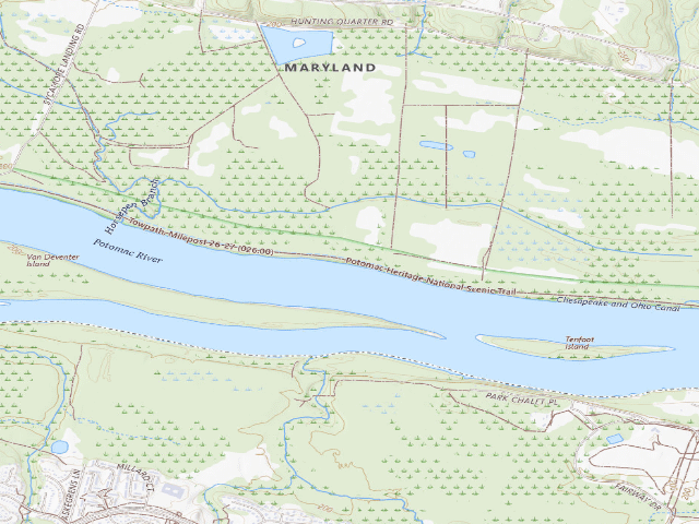 USGS topographic map of Horsepen Branch hiker-biker campsite (C&O Canal towpath mile 26.1)