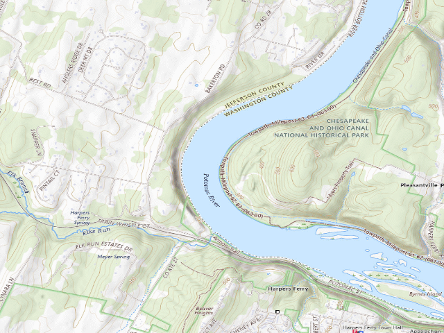 USGS topographic map of Huckleberry Hill hiker-biker campsite (C&O Canal towpath mile 62.9)