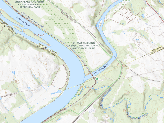 USGS topographic map of Indian Flats hiker-biker campsite (C&O Canal towpath mile 42.5)