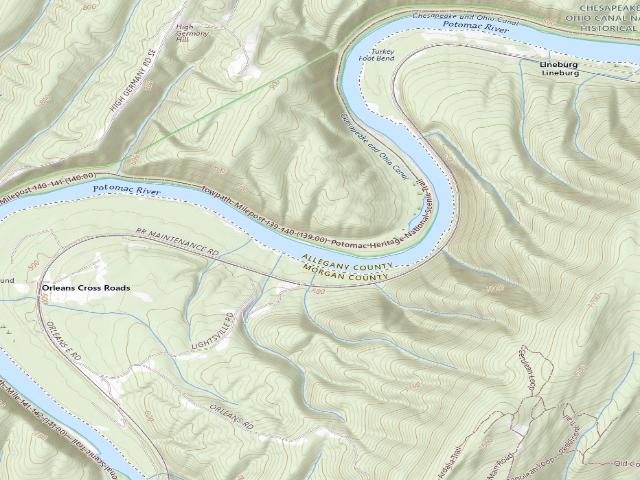 USGS topographic map of Indigo Neck hiker-biker campsite (C&O Canal towpath mile 139.2)