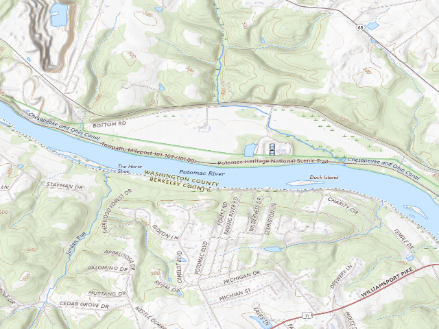 USGS topographic map of Jordan Junction hiker-biker campsite (C&O Canal towpath mile 101.2)