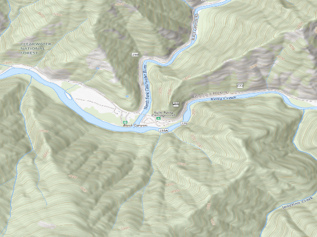 USGS topographic map of Kelly Forks Campground