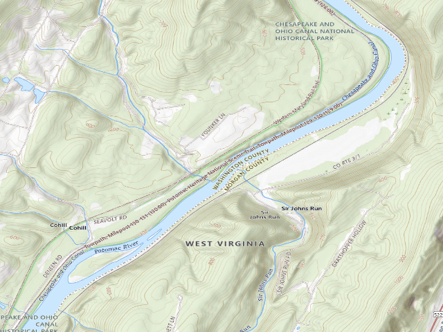 USGS topographic map of Leopards Mill hiker-biker campsite (C&O Canal towpath mile 129.9)