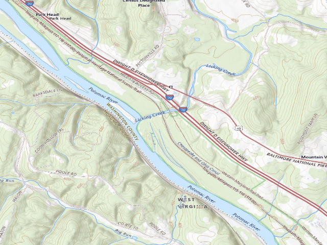 USGS topographic map of Licking Creek hiker-biker campsite (C&O Canal towpath mile 116.0)
