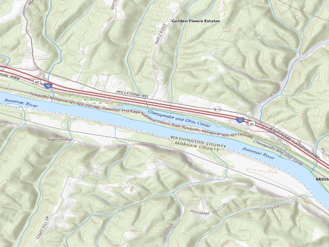 USGS topographic map of Little Pool hiker-biker campsite (C&O Canal towpath mile 120.6)