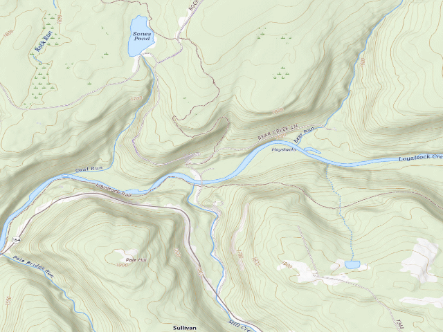 USGS topographic map of Loyalsock State Forest roadside campsite 962 (Jakersville CCC Camp)