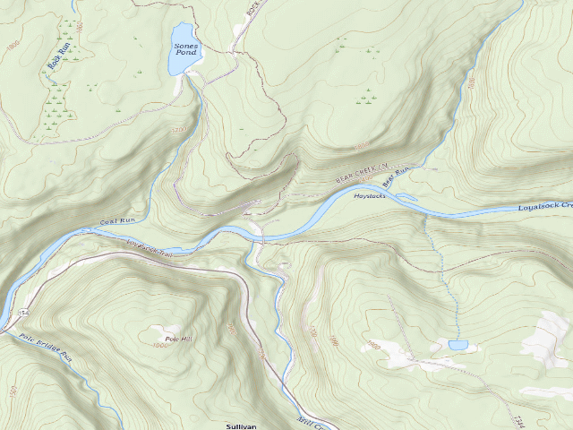 USGS topographic map of Loyalsock State Forest roadside campsite 963 (Jakersville CCC Camp)