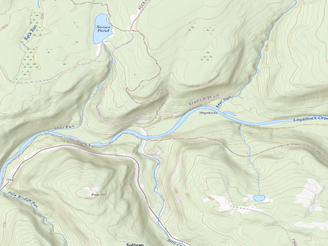 USGS topographic map of Loyalsock State Forest roadside campsite 965 (Jakersville CCC Camp)