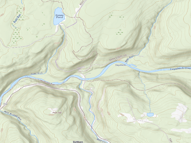 USGS topographic map of Loyalsock State Forest roadside campsite 966 (Jakersville CCC Camp)