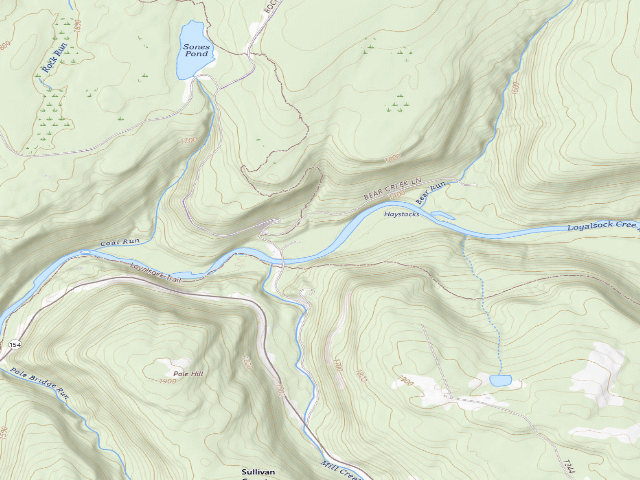 USGS topographic map of Loyalsock State Forest roadside campsite 972 (Jakersville CCC Camp)