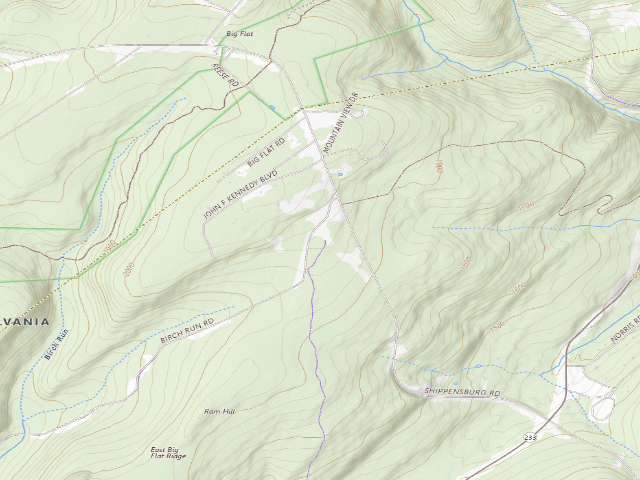 USGS topographic map of Michaux State Forest roadside campsite 001G (Big Flat Parking Area)