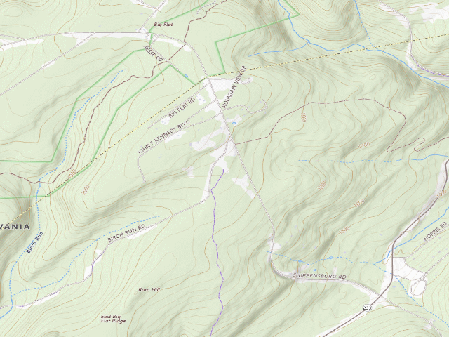 USGS topographic map of Michaux State Forest roadside campsite 001J (Big Flat Parking Area)