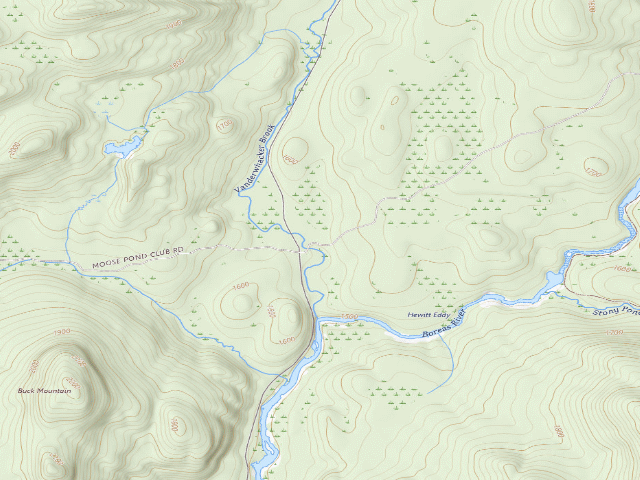 USGS topographic map of Moose Pond Rd Campsite #2 (Vanderwhacker Mountain Wild Forest)