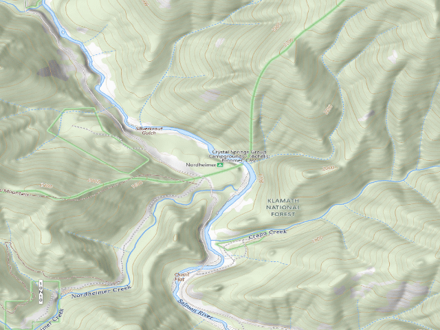 USGS topographic map of Nordheimer Group Campgrounds - (Achillis; Bloomer; Casc