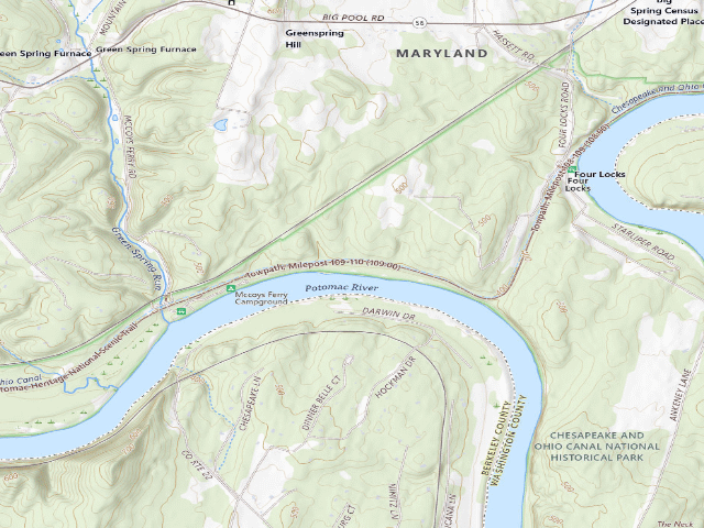 USGS topographic map of North Mountain hiker-biker campsite (C&O Canal towpath mile 110.0)