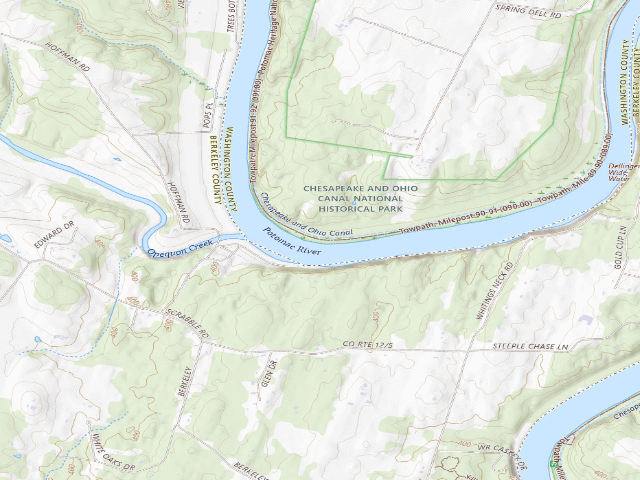 USGS topographic map of Opequon Junction hiker-biker campsite (C&O Canal towpath mile 90.9)