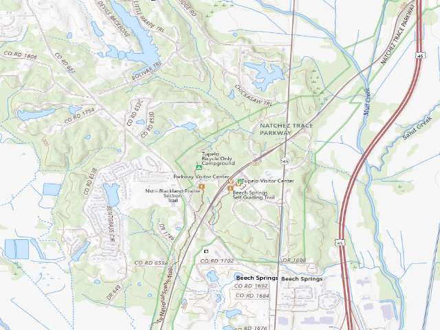 USGS topographic map of Parkway Visitor Center bicycle-only campground (Natchez Trace Parkway milepost 266, Tupelo)