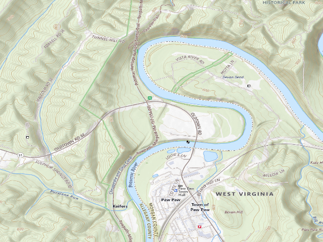 USGS topographic map of Paw Paw Tunnel Campground (C&O Canal NHP, towpath mile 156.1)