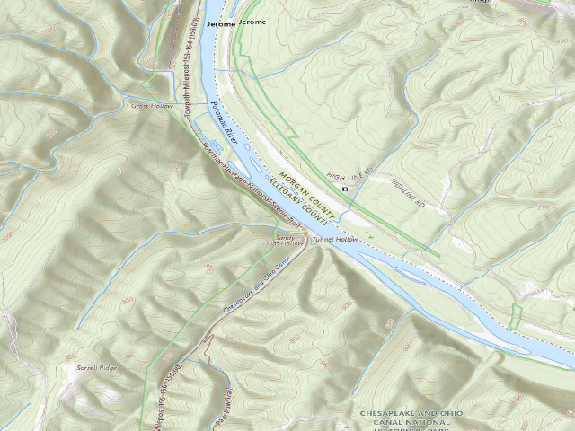 USGS topographic map of Sorrel Ridge hiker-biker campsite (C&O Canal towpath mile 154.1)