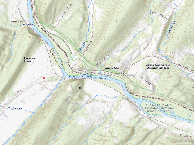 USGS topographic map of Spring Gap Campground (C&O Canal NHP, towpath mile 173.3)