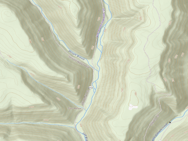 USGS topographic map of Sproul State Forest roadside campsite 022 (LHBYWC Before Shingle Branch Bridge Campsite #22)
