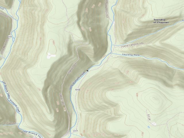 USGS topographic map of Sproul State Forest roadside campsite 026 Plantation Hole (RHBYWC Plantation Hole Gauging Station Campsite #26)