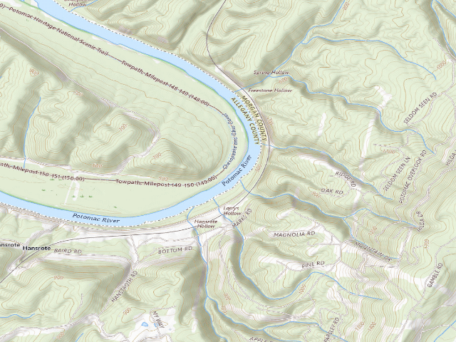 USGS topographic map of Stickpile Hill hiker-biker campsite (C&O Canal towpath mile 149.4)