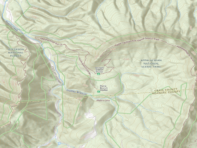 USGS topographic map of Straight Branch Iron Mountain Shelter
