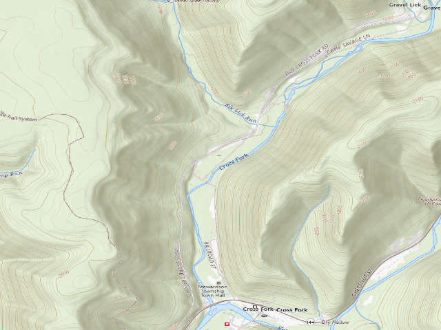 USGS topographic map of Susquehannock State Forest roadside campsite 009 Cross Fork Creek RR Bed