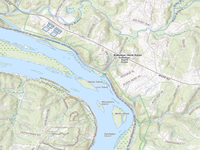 USGS topographic map of Swains Lock hiker-biker campsite (C&O Canal towpath mile 16.6)