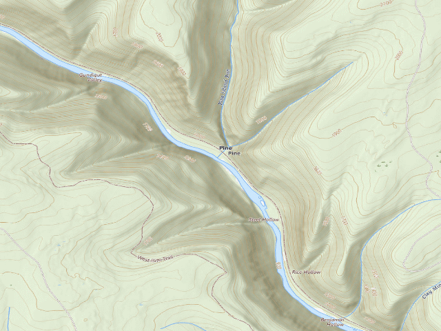 USGS topographic map of Tioga State Forest water-trail campsite Pine Creek Pine Island