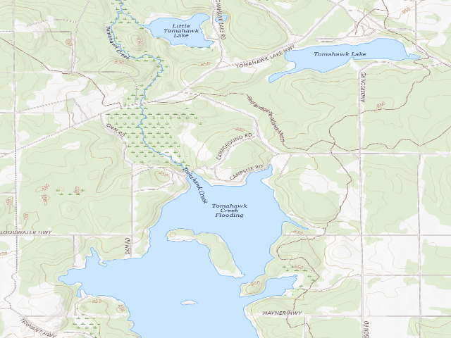 USGS topographic map of Tomahawk Creek Flooding State Forest Campground